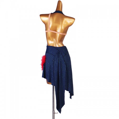 Navy blue with rhinestones red feather competition latin dance dresses for women girls halter neck sleeveless rumba salsa chacha dance flowy irregular skirts
